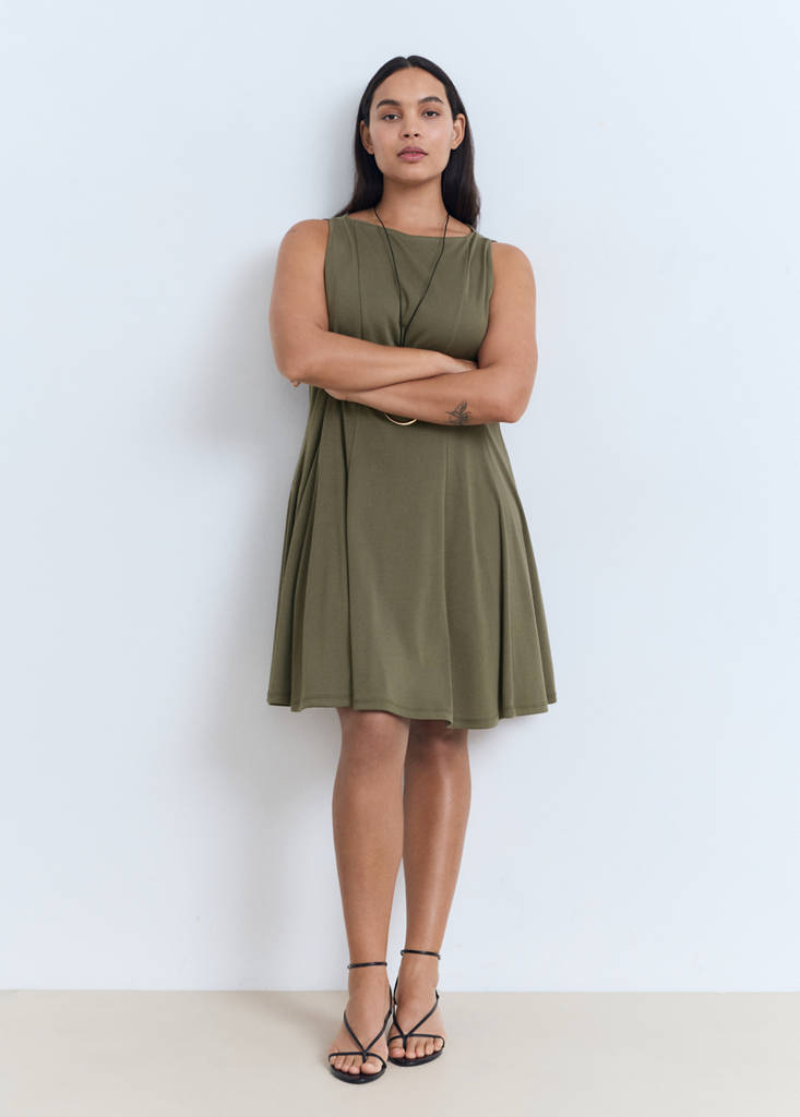 Pleated A-line dress — Khaki