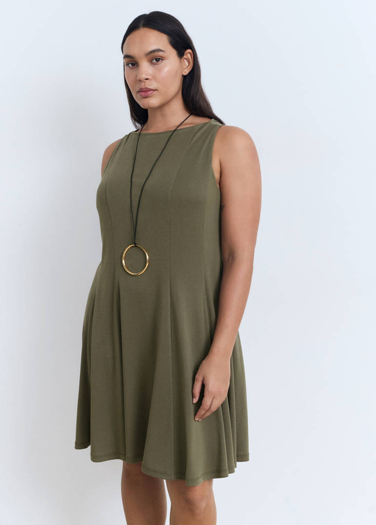 Pleated A-line dress — Khaki