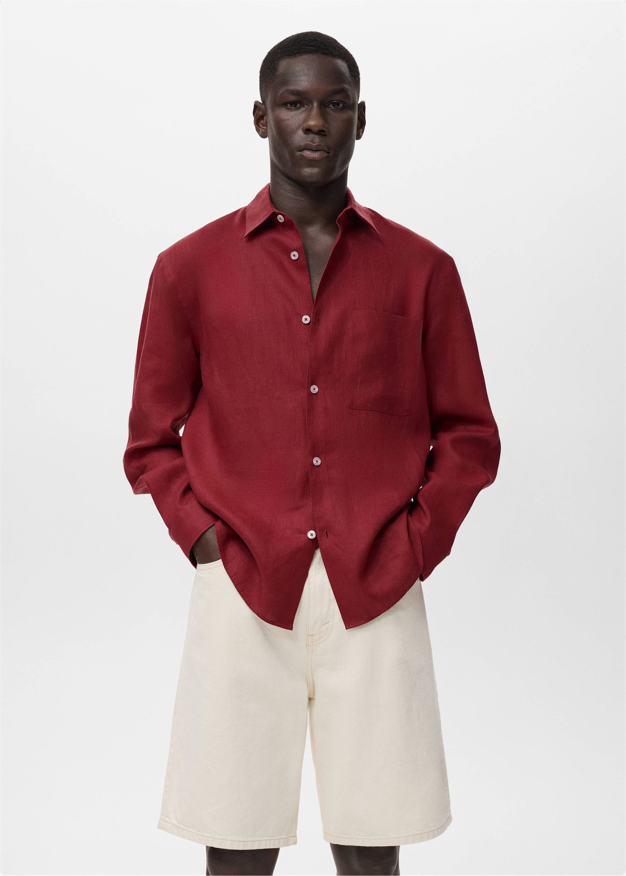 قميص كتان 100٪ مع جيب - رؤية وسط, أحمر فاتح. Ref: 17072912-01.