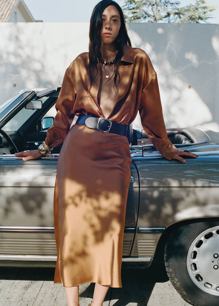 Midi satin skirt — Cognac