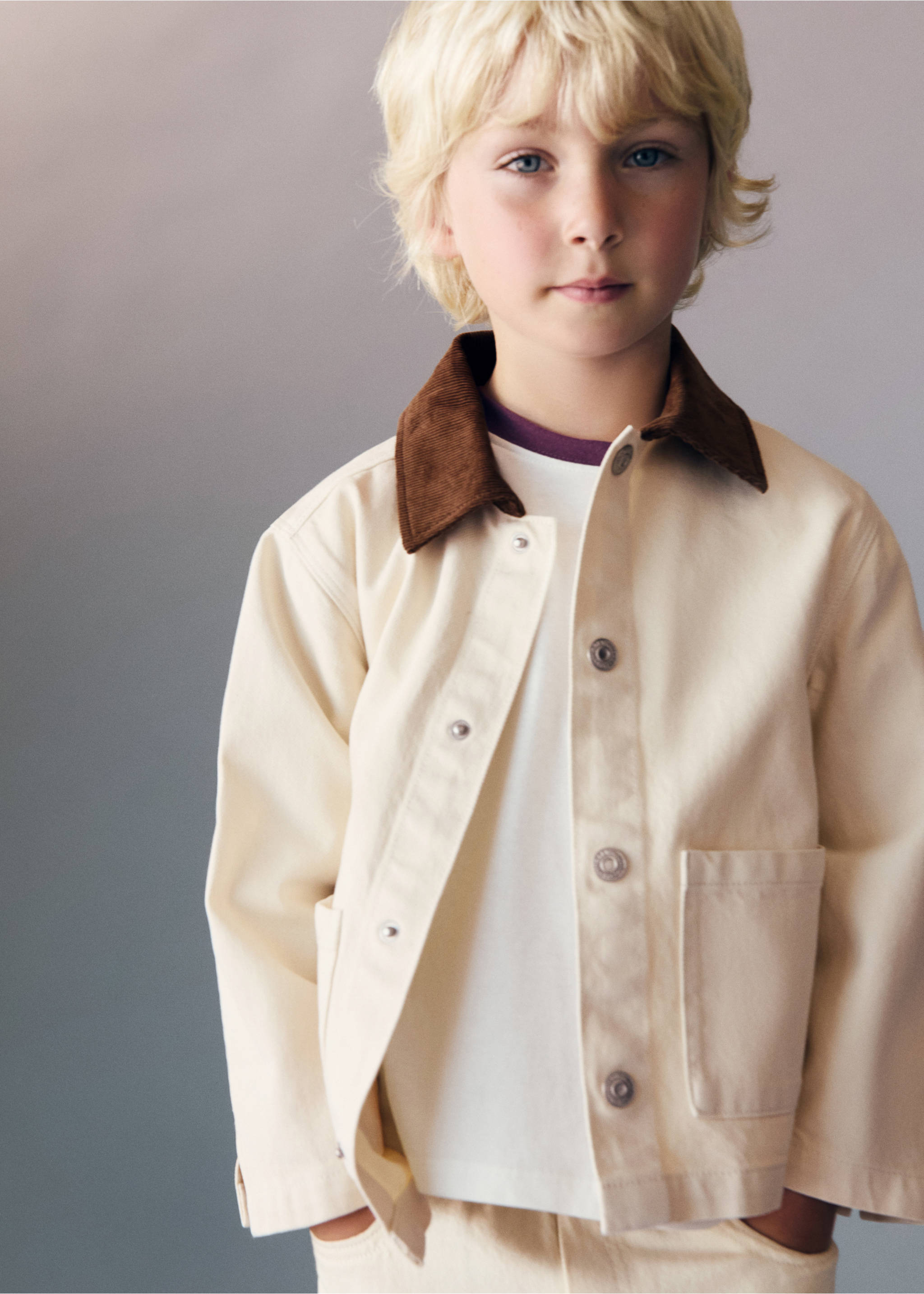 Off-white kids' jacket with a brown corduroy collar and popper buttons., Sand. Ref: 17073303-00.