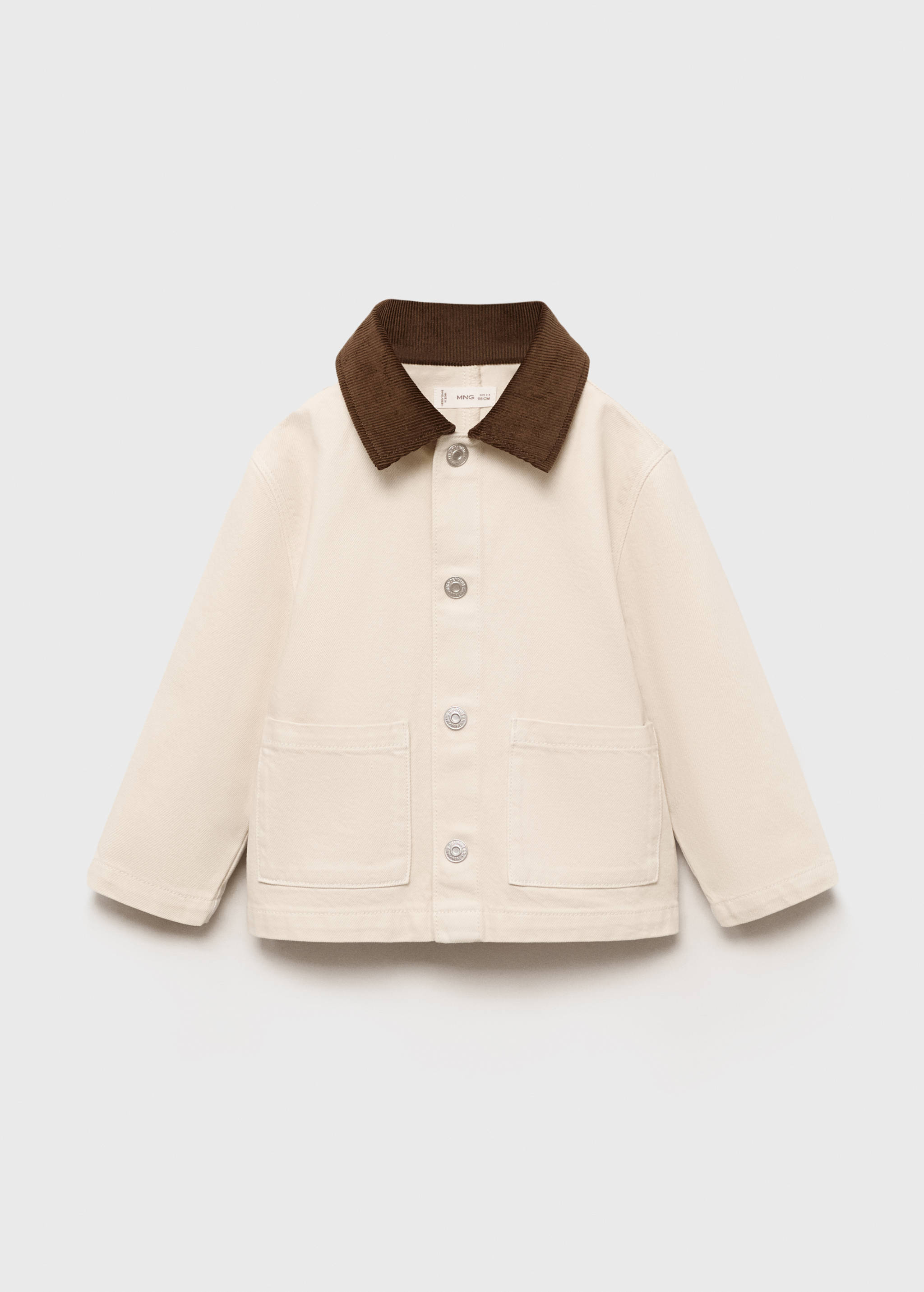 Off-white kids' jacket with a brown corduroy collar and button fastening.