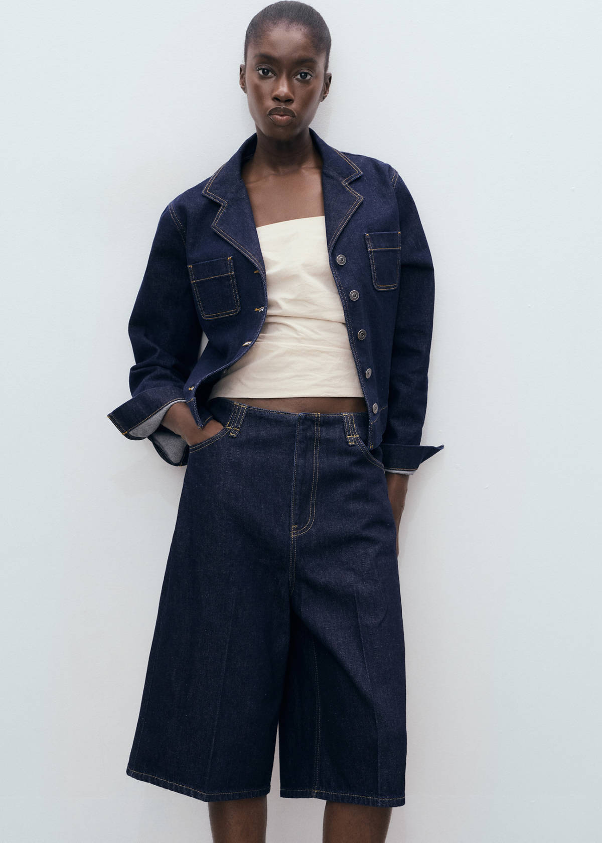 Mid-rise denim bermuda jorts — Open Blue
