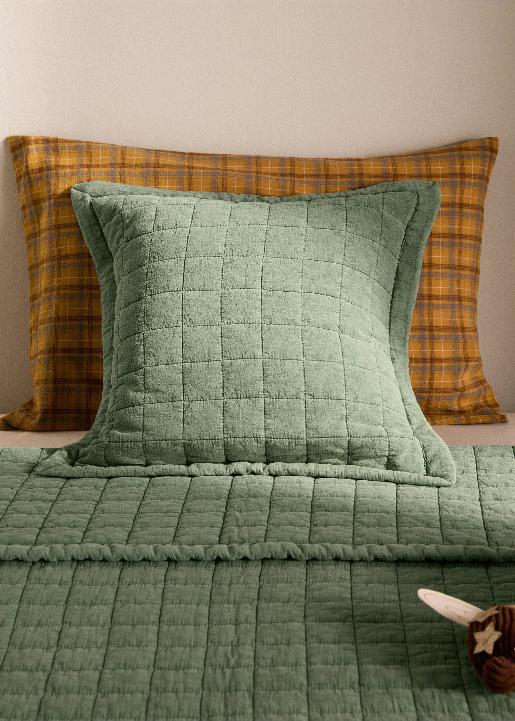 Washed cotton plaid children's bed cushion cover 40x40 cm - General plane, Medium Green. Ref: 17073826-00.