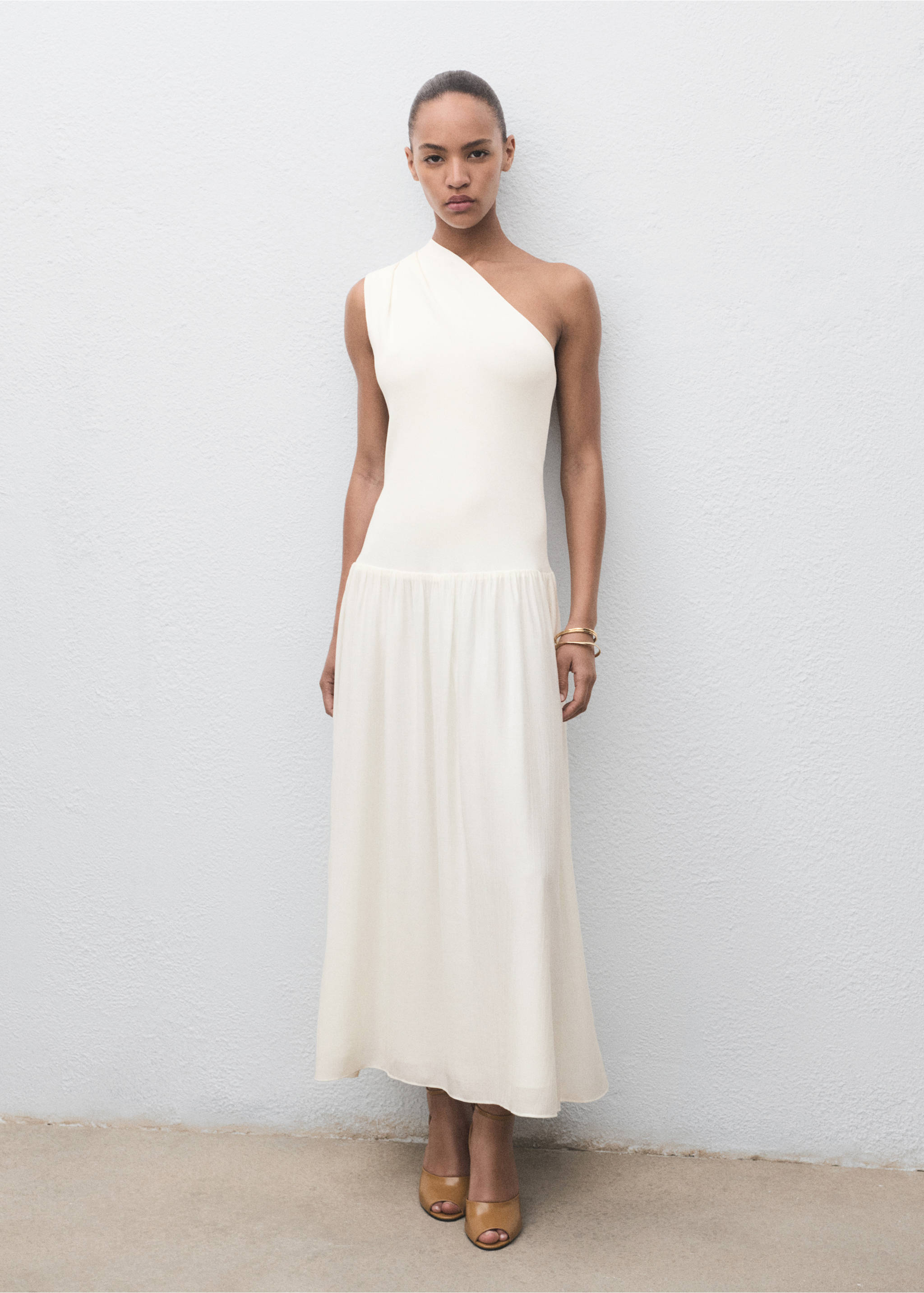 Asymmetrical combined knitted dress - General plane, Ecru. Ref: 17074081-00.