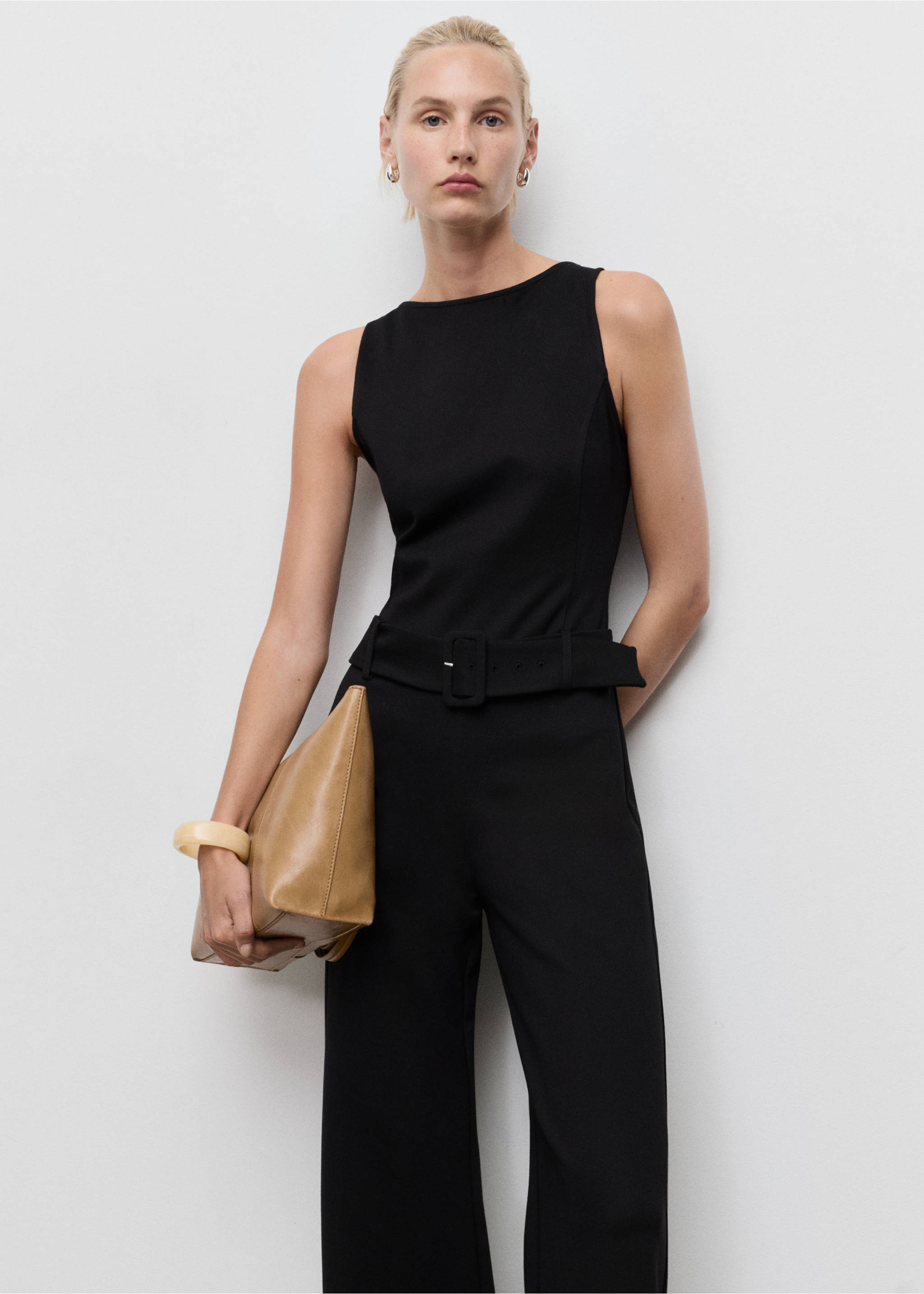Long jumpsuit with belt and buckle - Medium plane, Black. Ref: 17074082-00.
