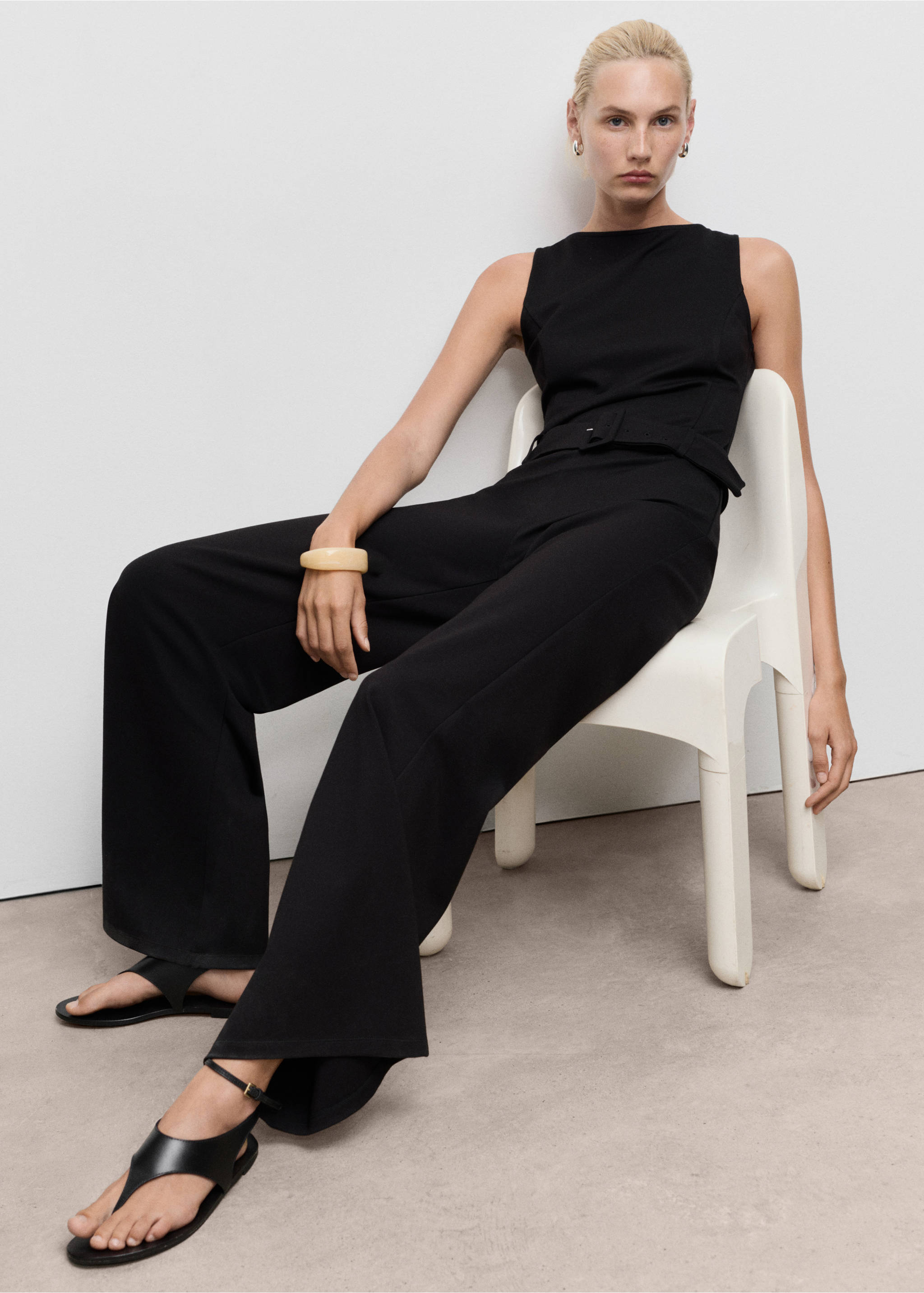Long jumpsuit with belt and buckle - Details of the article 2, Black. Ref: 17074082-00.