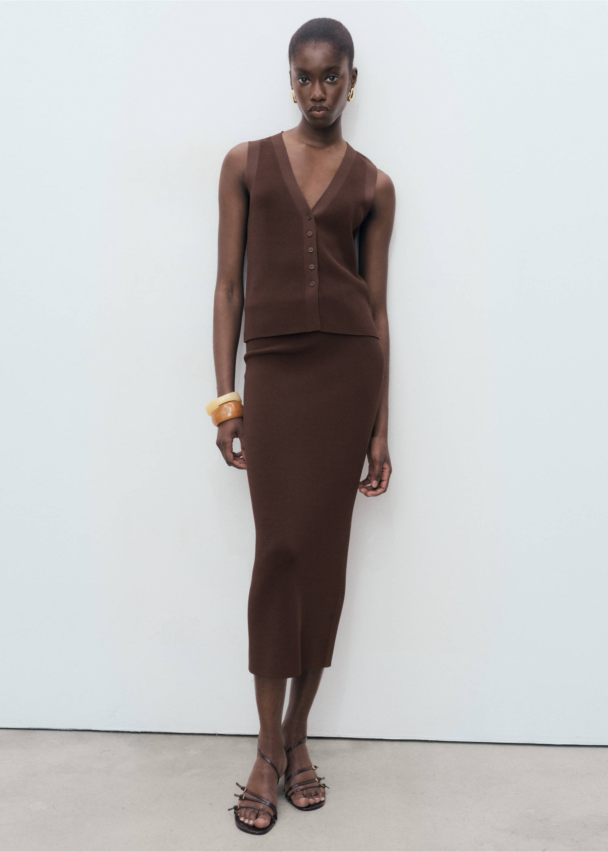 Jupe midi maille fine - Plan général, Chocolat. Ref: 17074098-00.