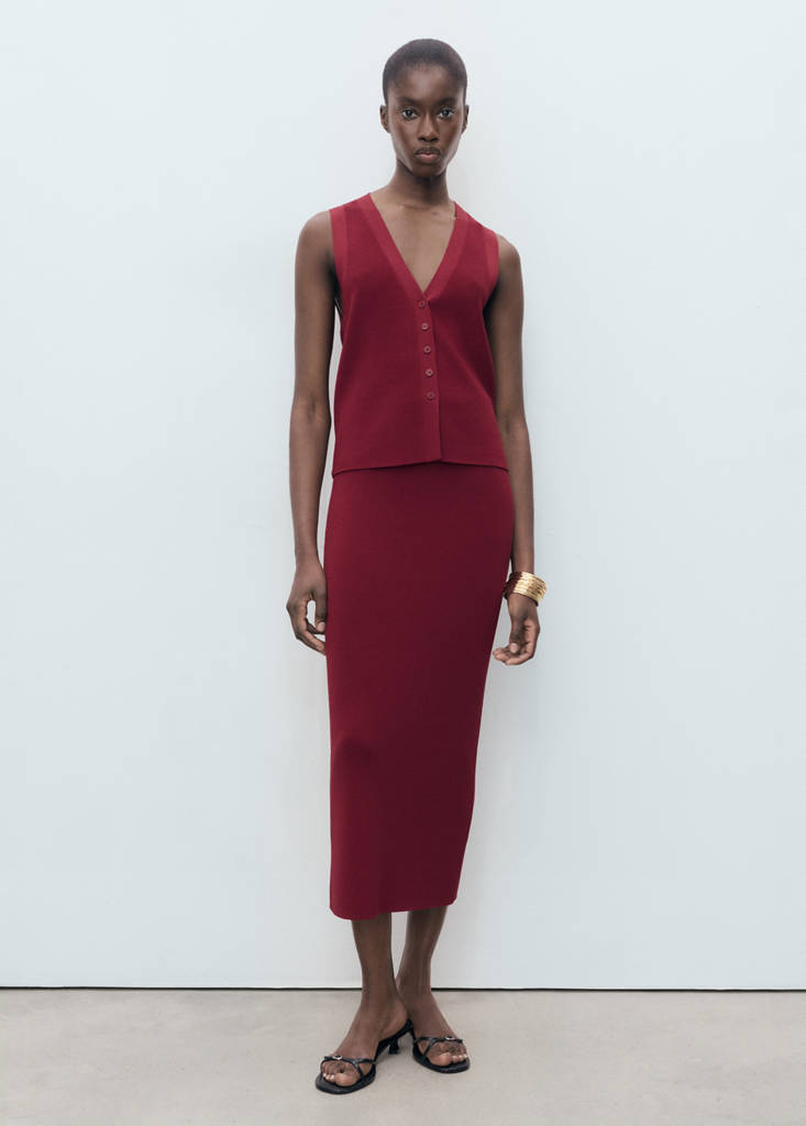 Fine knit midi skirt — Wine