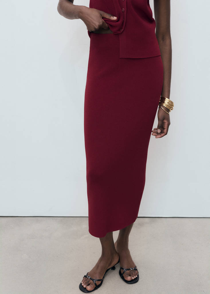 Fine knit midi skirt — Wine