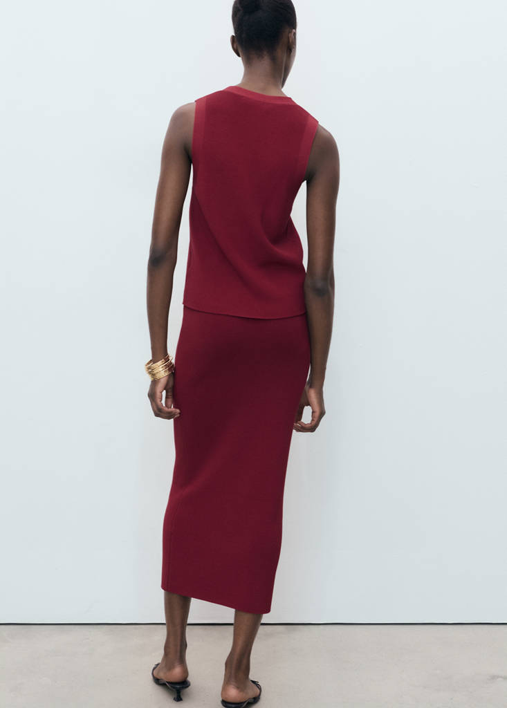 Fine knit midi skirt — Wine