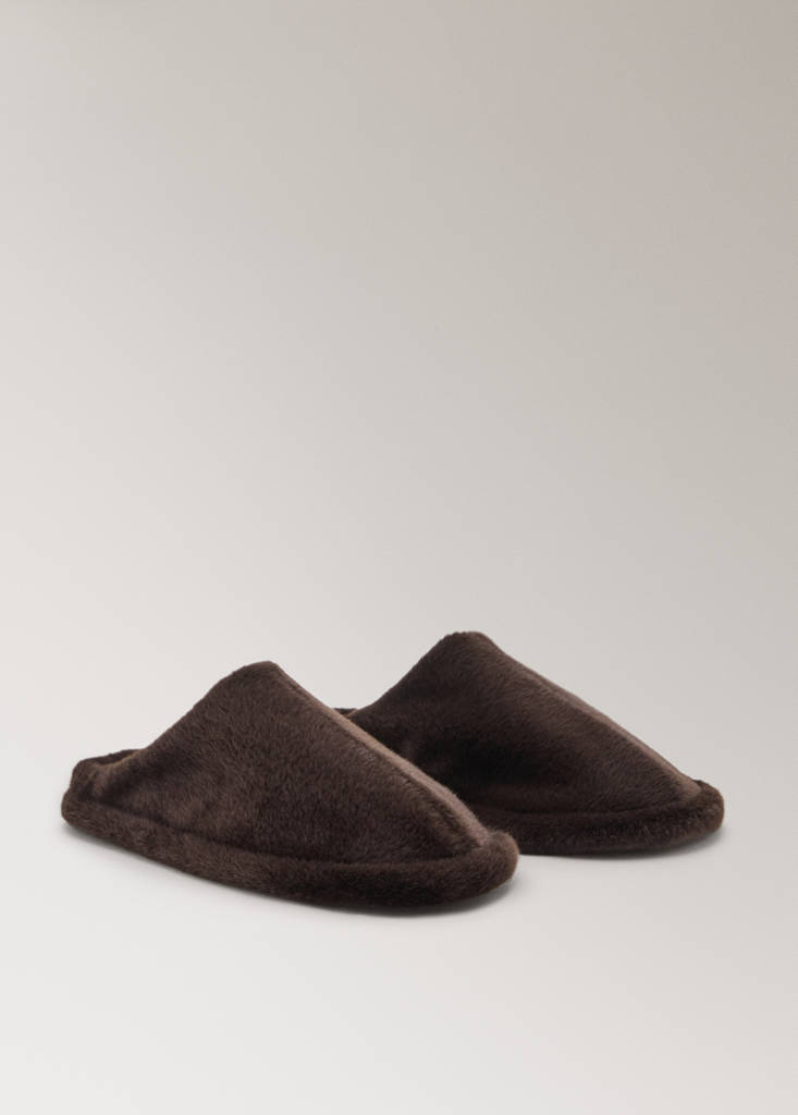 Fur mule slippers with stitching detail — Chocolate