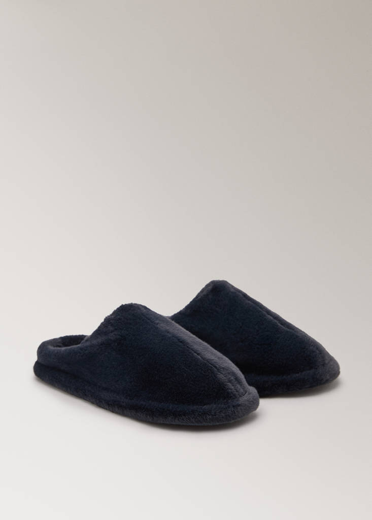 Fur mule slippers with stitching detail — Night Blue