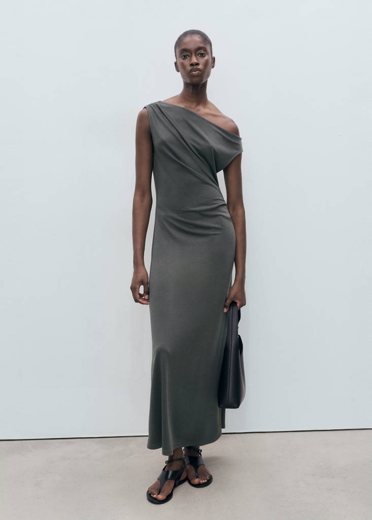 MANGO - Robe asymétrique froncée gris anthracite - S