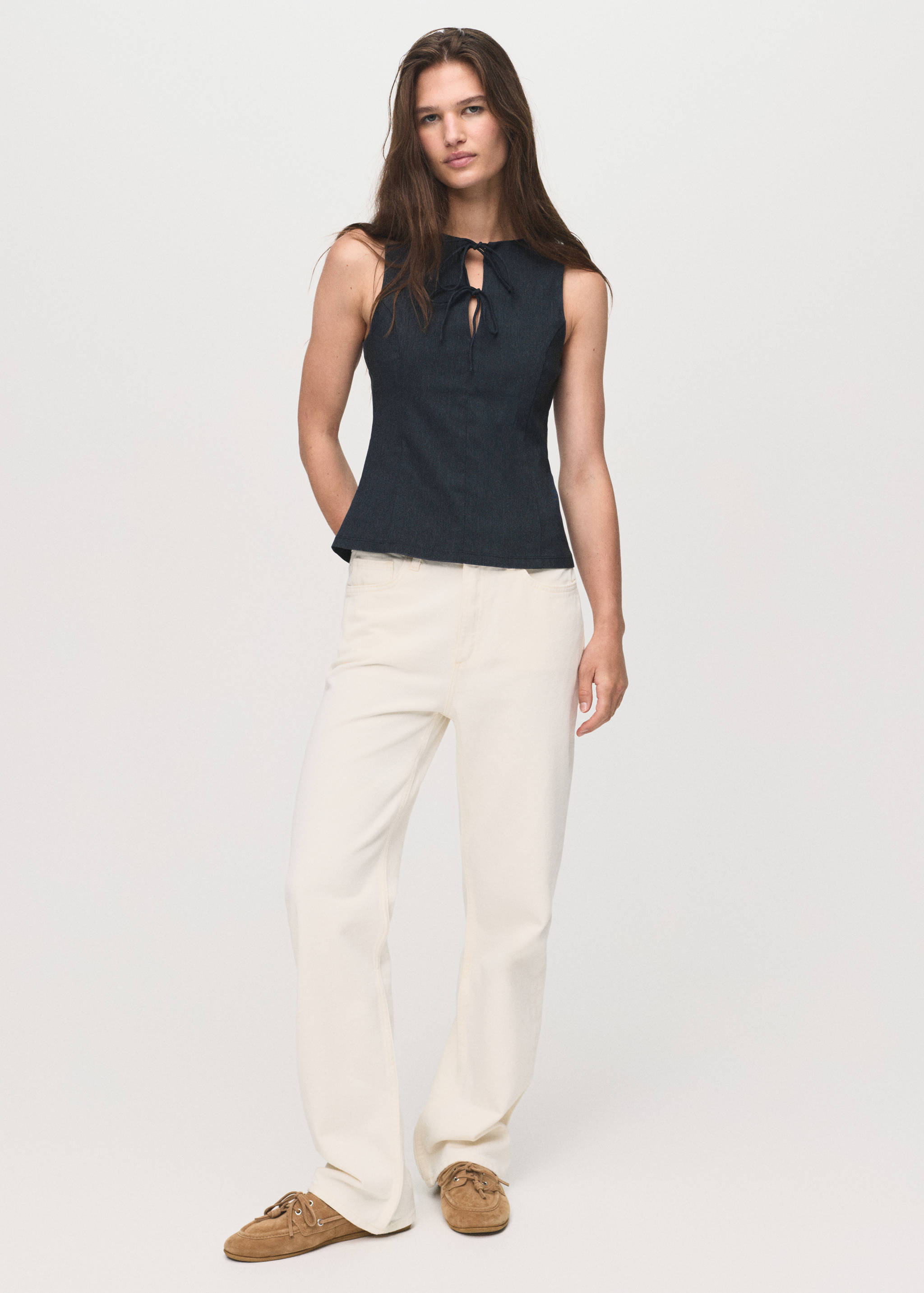 Denim-effect top with bows - General plane