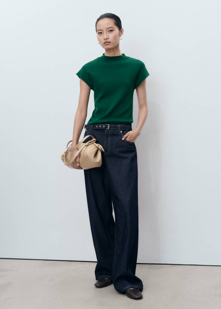 MANGO - Pull-over maille fine manches courtes vert foncé - XS
