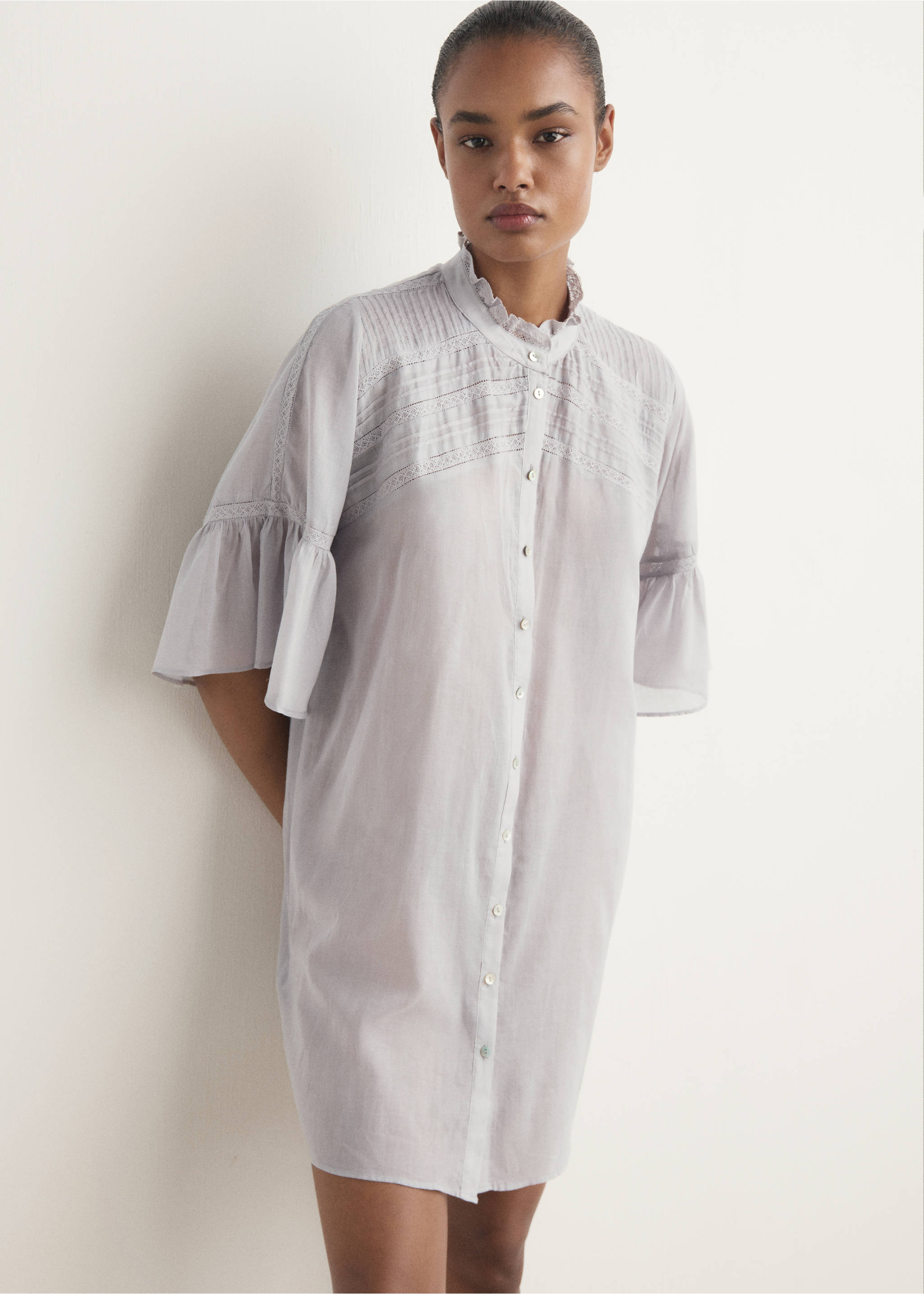 Chemise de nuit coton manches courtes - Plan moyen, Gris clair/pastel. Ref: 17074131-00.