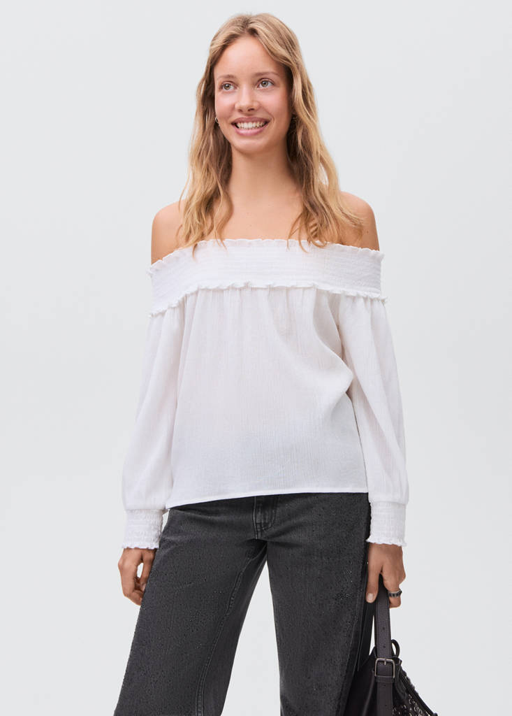 Strapless blouse with ruffled panel — Off White