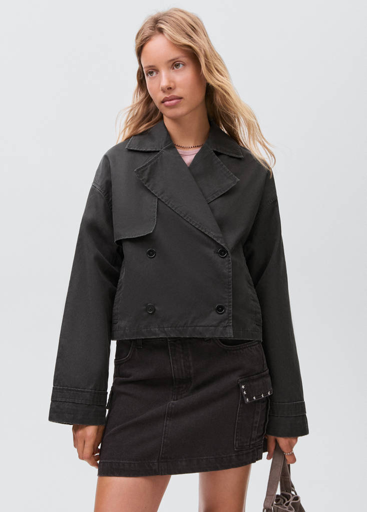 Waxed short trench coat — Charcoal