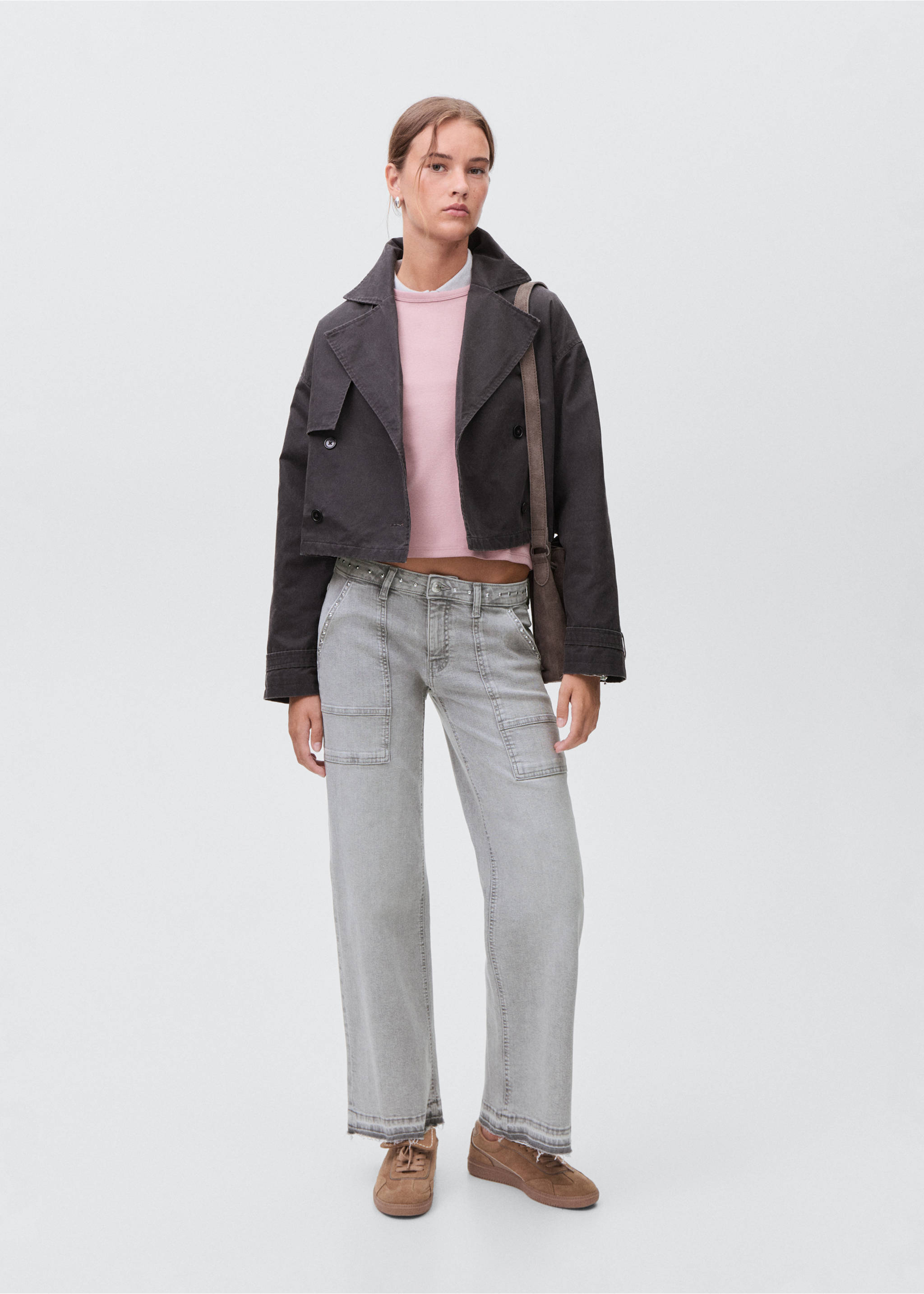 Jean style jupe-culotte clouté - Plan général, Gris denim. Ref: 17074777-00.