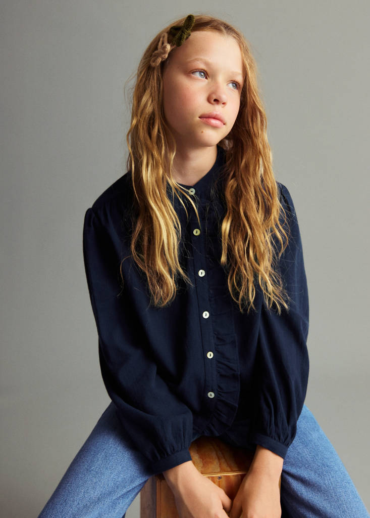 Ruffle cotton blouse — Navy