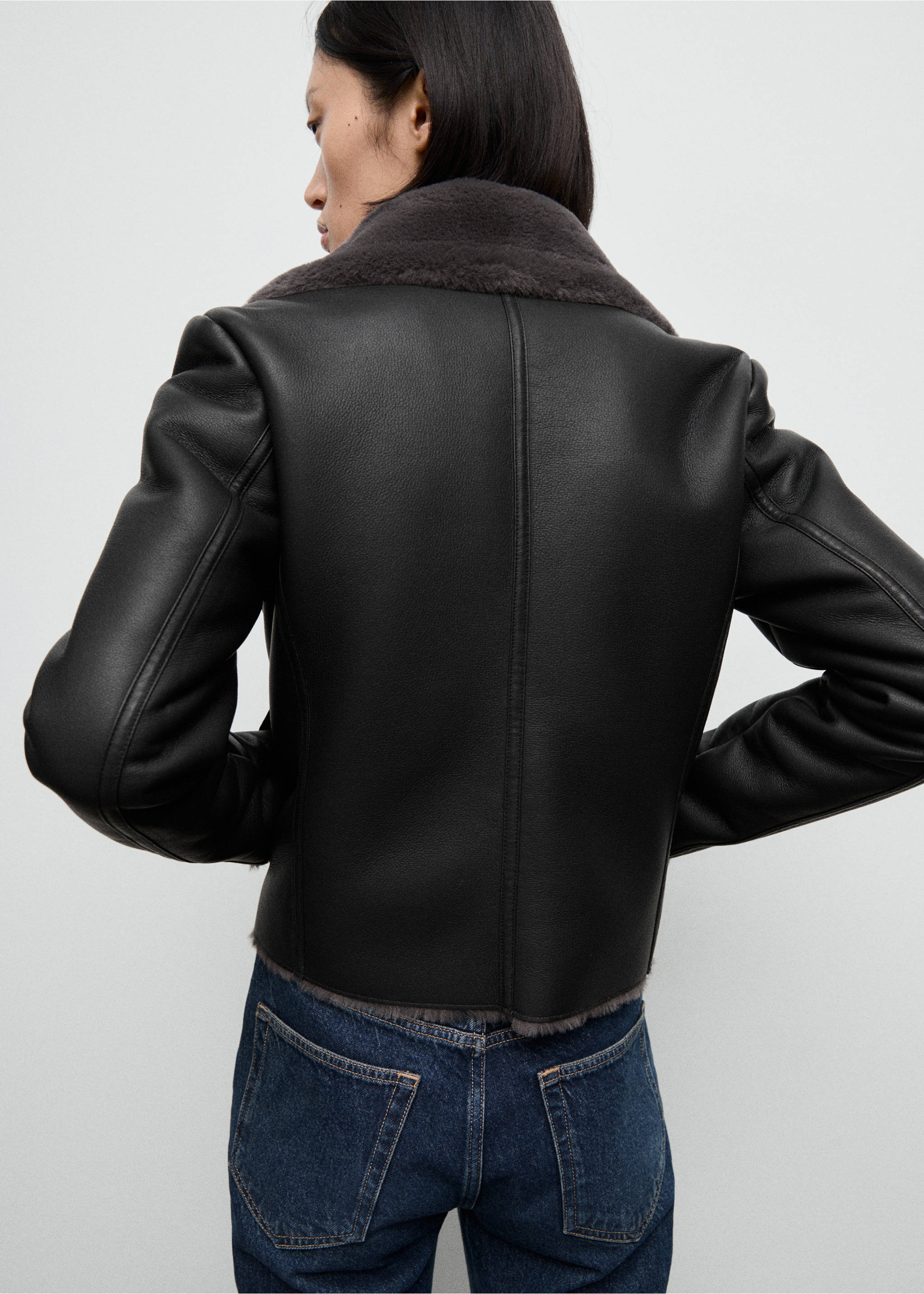 Veste biker fourrure synthétique - Verso de l’article, Noir. Ref: 17075796-00.