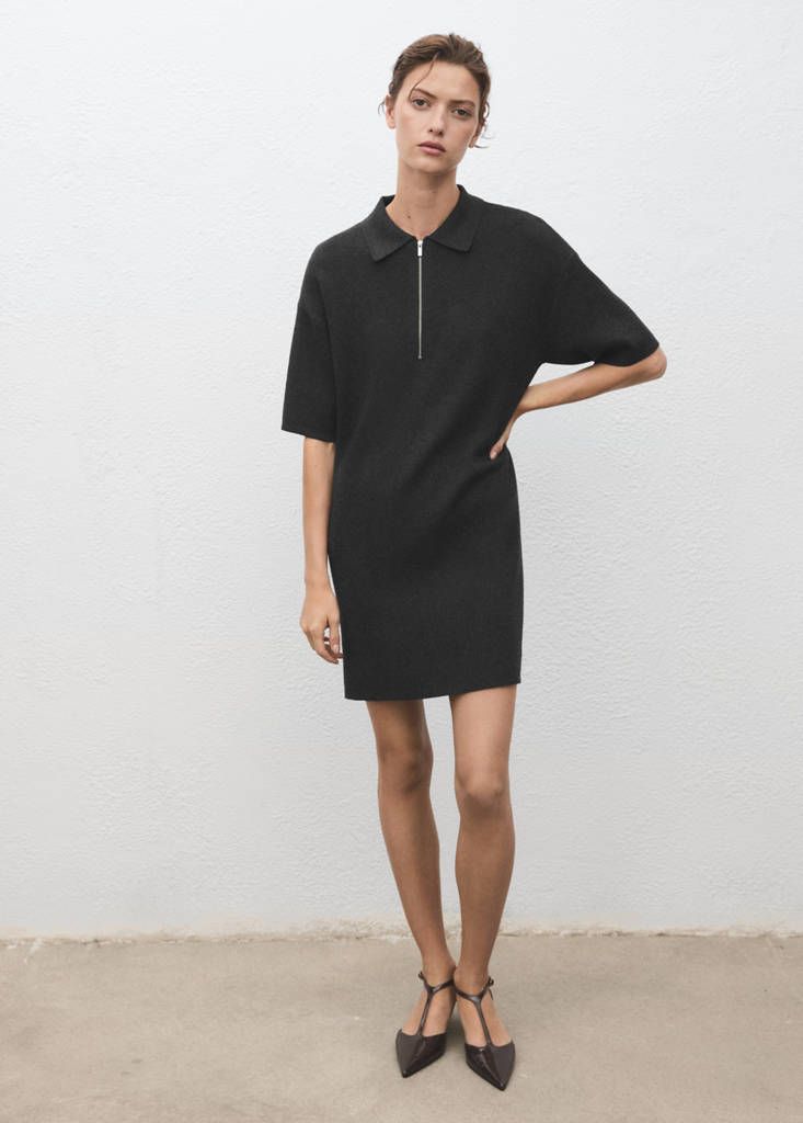 Knitted dress with polo neck — Dark Heather Grey