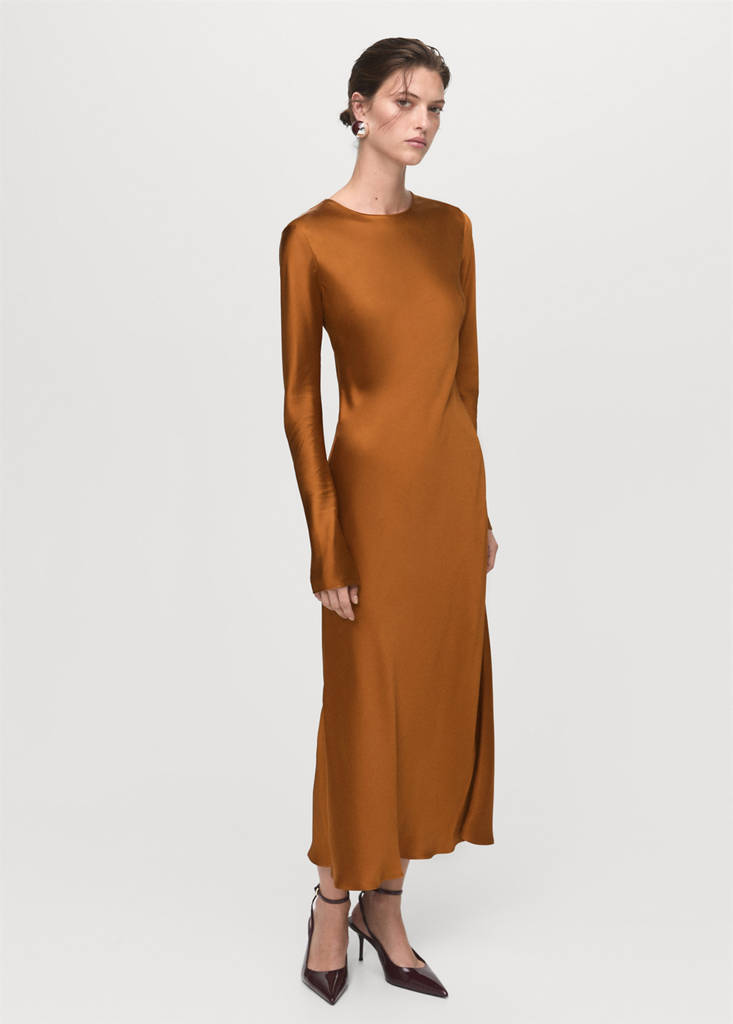 MANGO - Robe longue satinée ocre - S