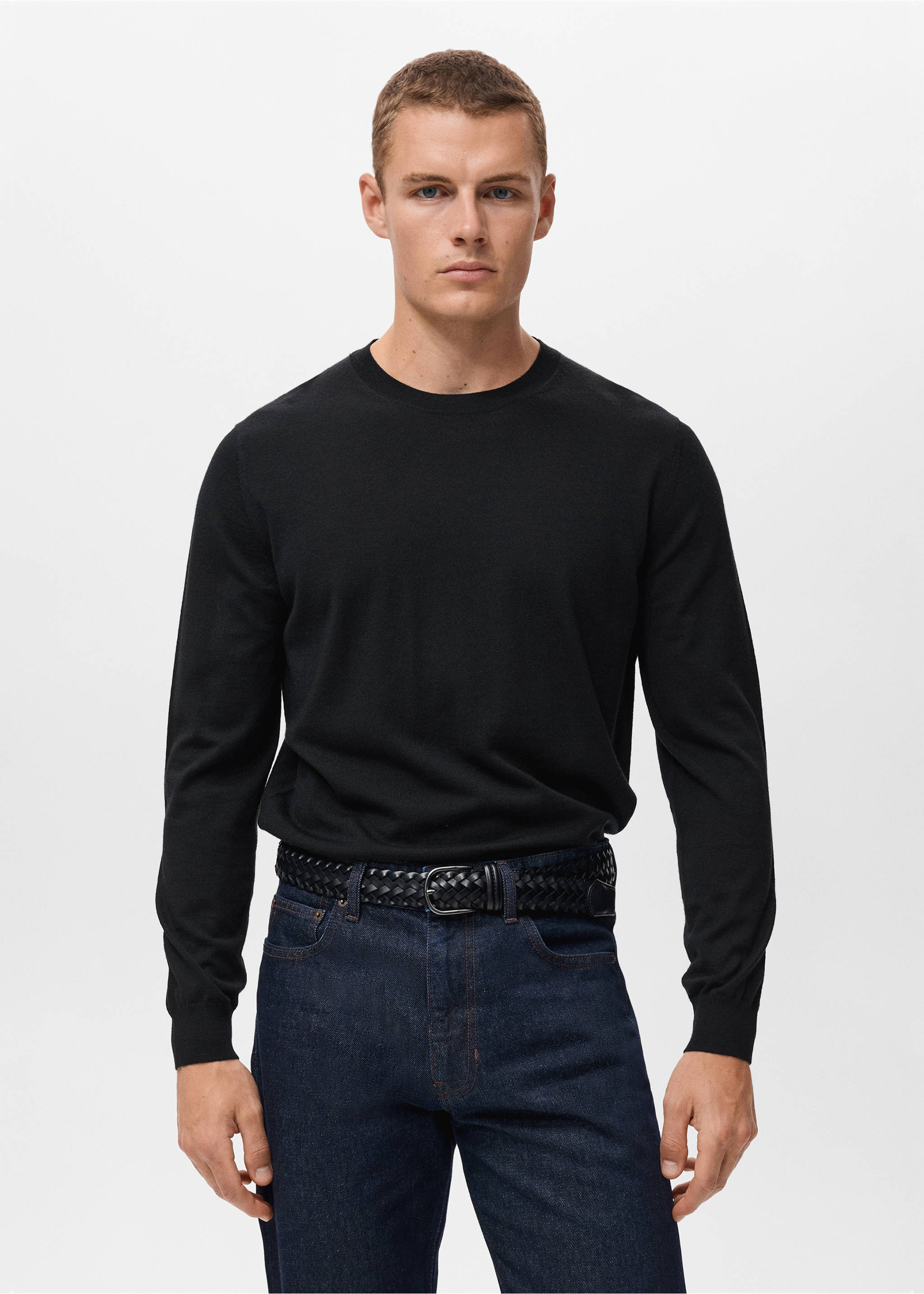 100% merino wool crew neck sweater - Medium plane, Black. Ref: 17075970-00.