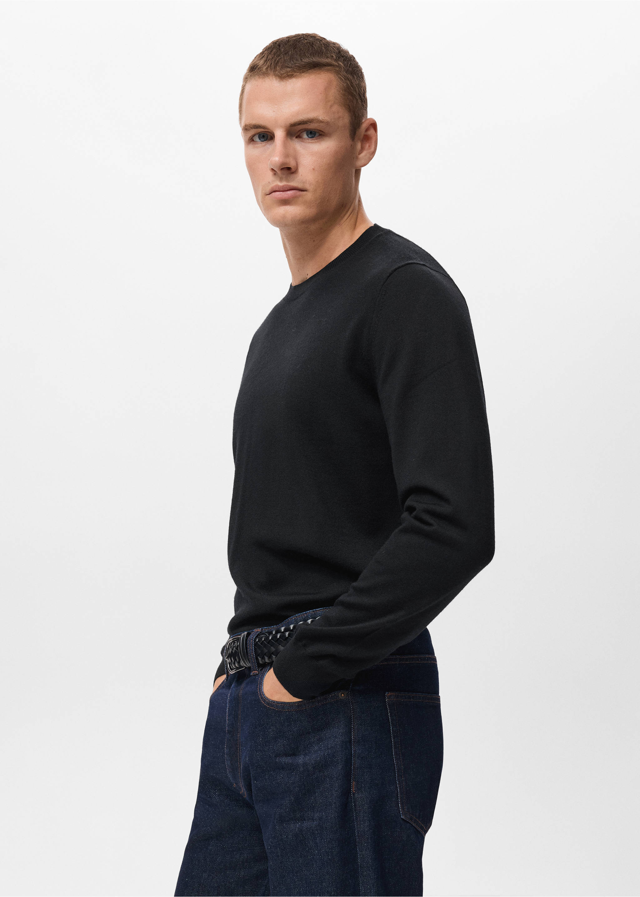 100% merino wool crew neck sweater - Details of the article 2, Black. Ref: 17075970-00.