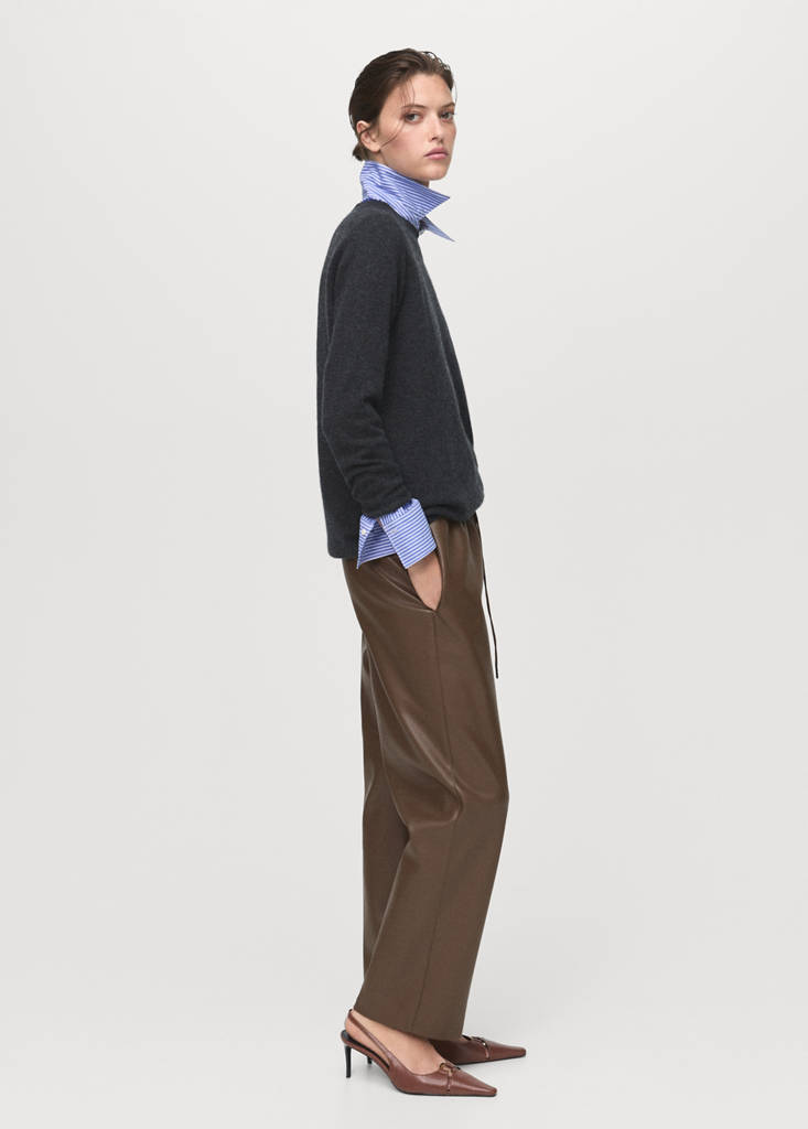 Faux-leather trousers with elastic waist — Medium Brown