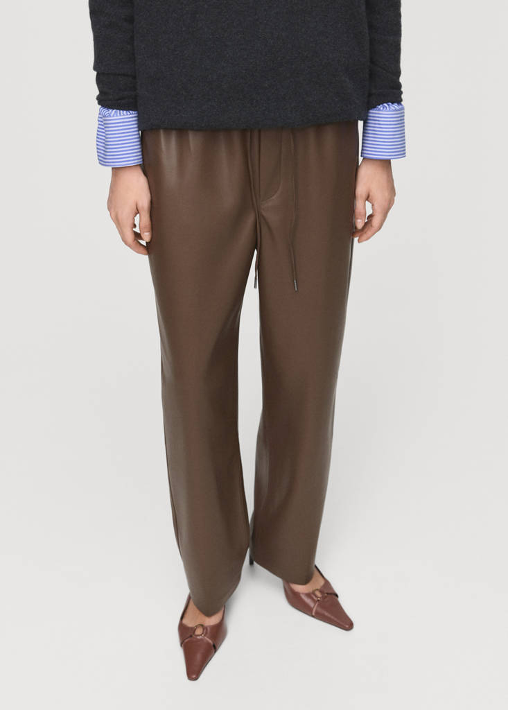 Faux-leather trousers with elastic waist — Medium Brown