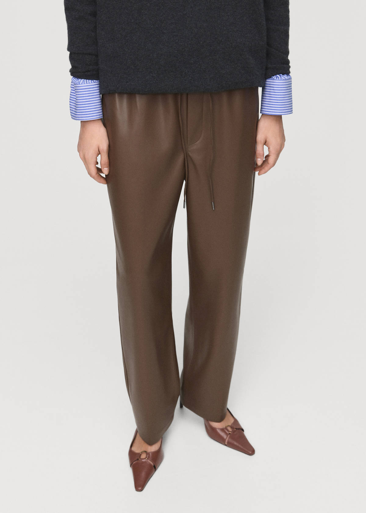 Faux-leather trousers with elastic waist — Medium Brown
