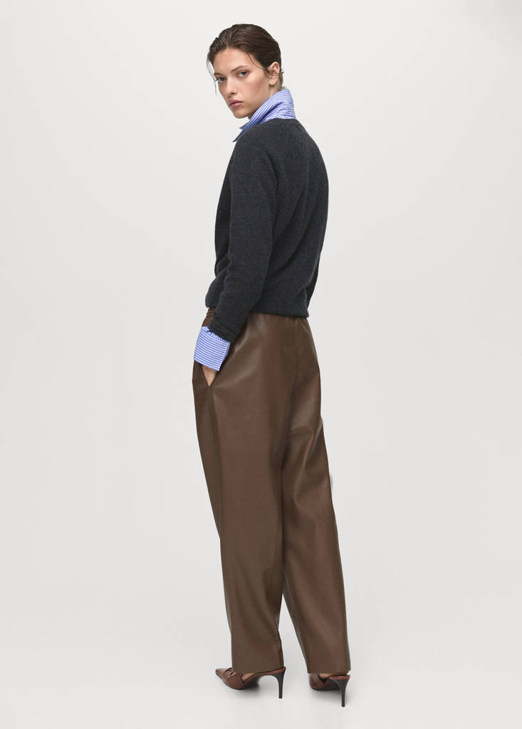 Faux-leather trousers with elastic waist — Medium Brown