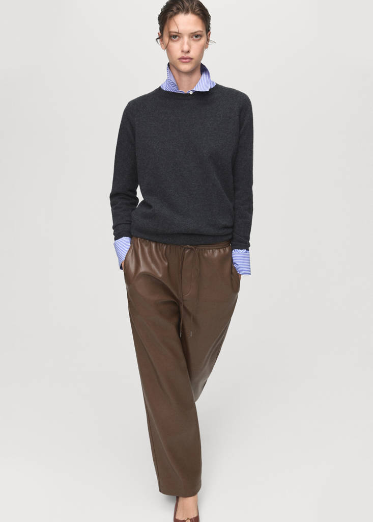 Faux-leather trousers with elastic waist — Medium Brown