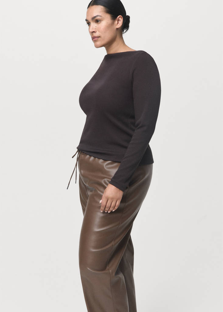 Faux-leather trousers with elastic waist — Medium Brown