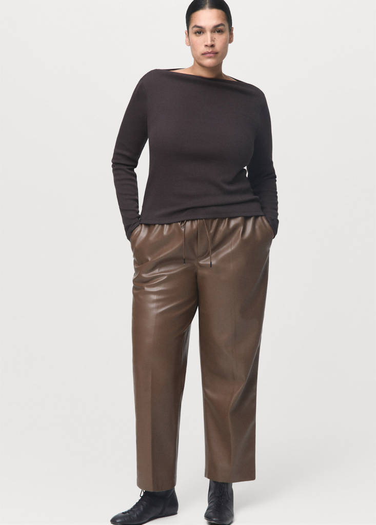 Faux-leather trousers with elastic waist — Medium Brown