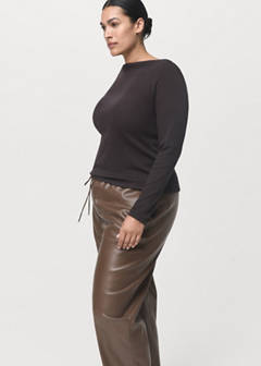Faux-leather trousers with elastic waist — Medium Brown 14