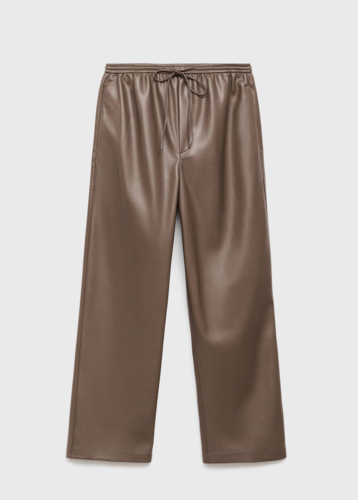 Faux-leather trousers with elastic waist — Medium Brown
