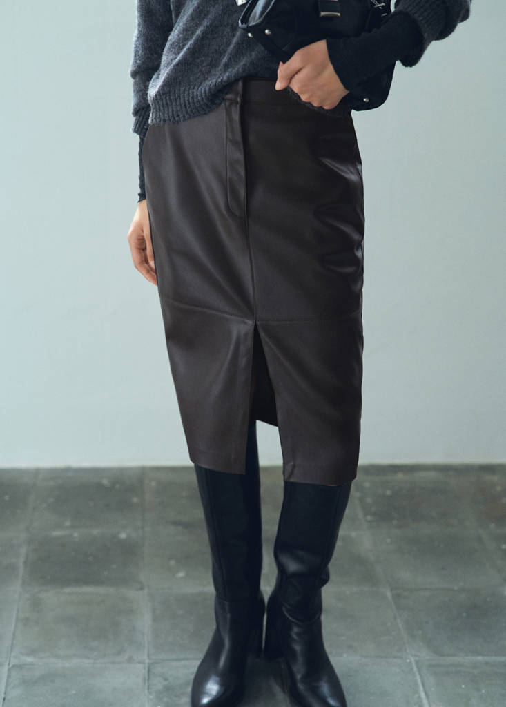 Faux-leather pencil skirt — Chocolate