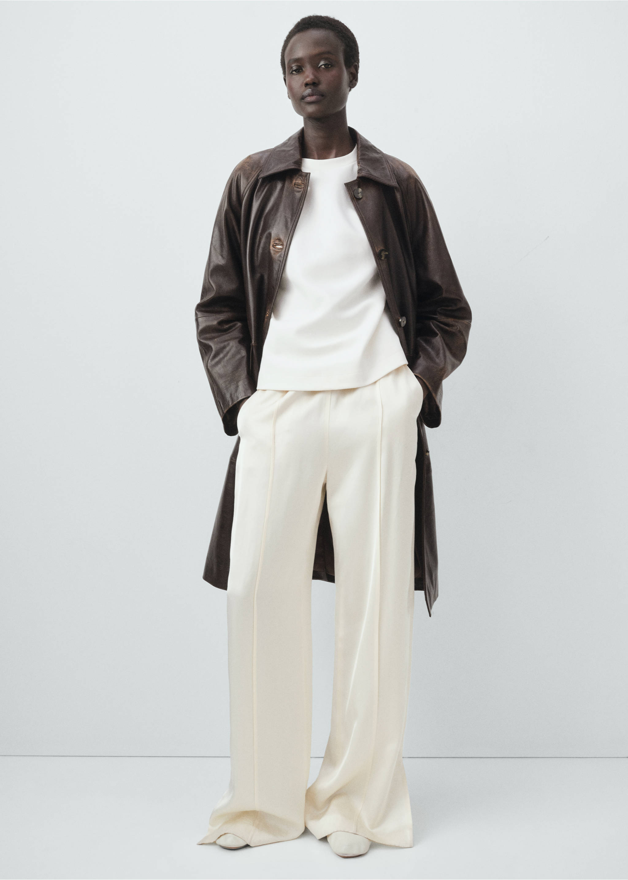 100% 皮革长款大衣 - null, 褐色. Ref: 17076343-00.