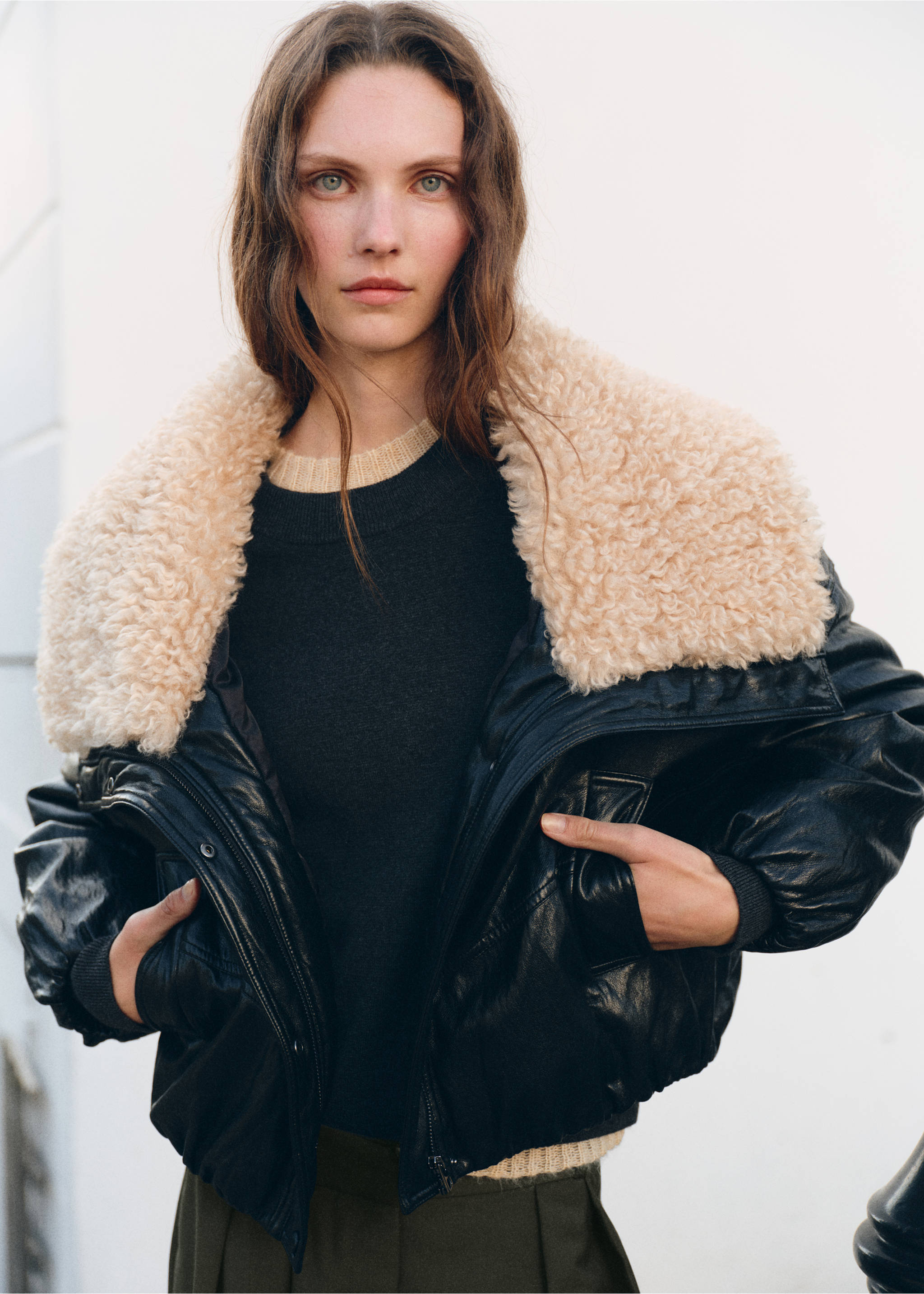 Faux-leather jacket with shearling collar - Medium plane, Black. Ref: 17076354-00.