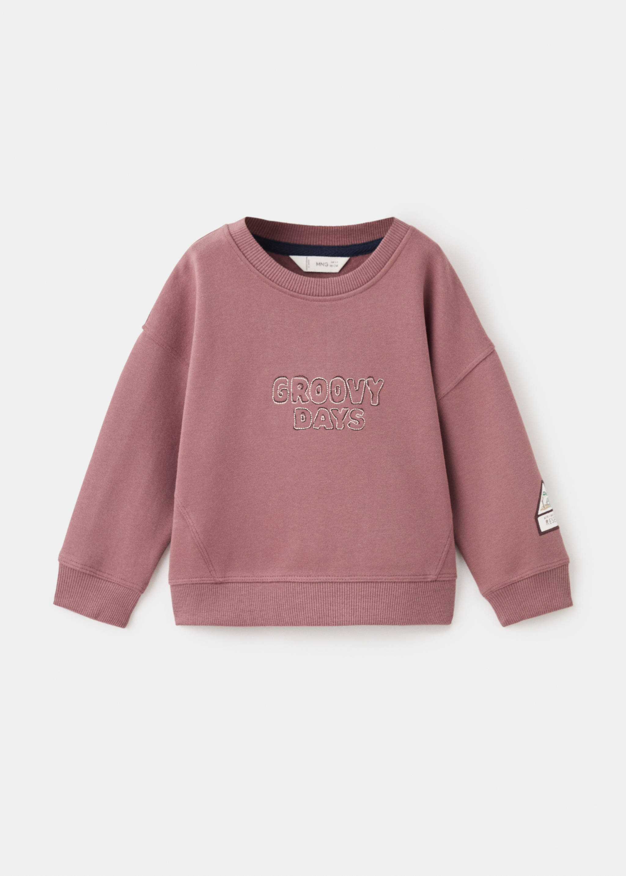 Mauve kids' sweatshirt with a crew neck and embroidered slogan.