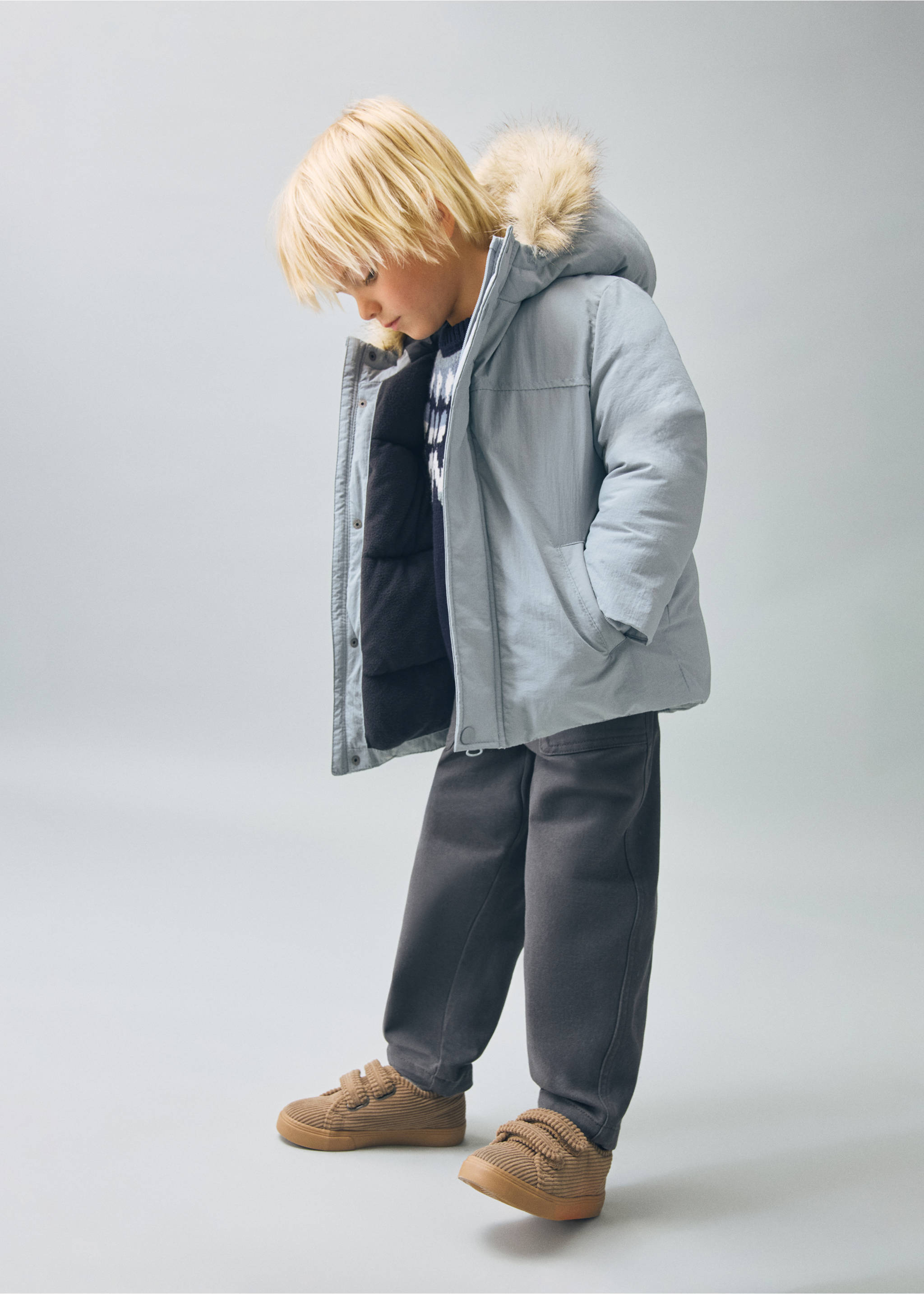 Anorak with shearling-effect hood - General plane, Aqua Green. Ref: 17076731-00.