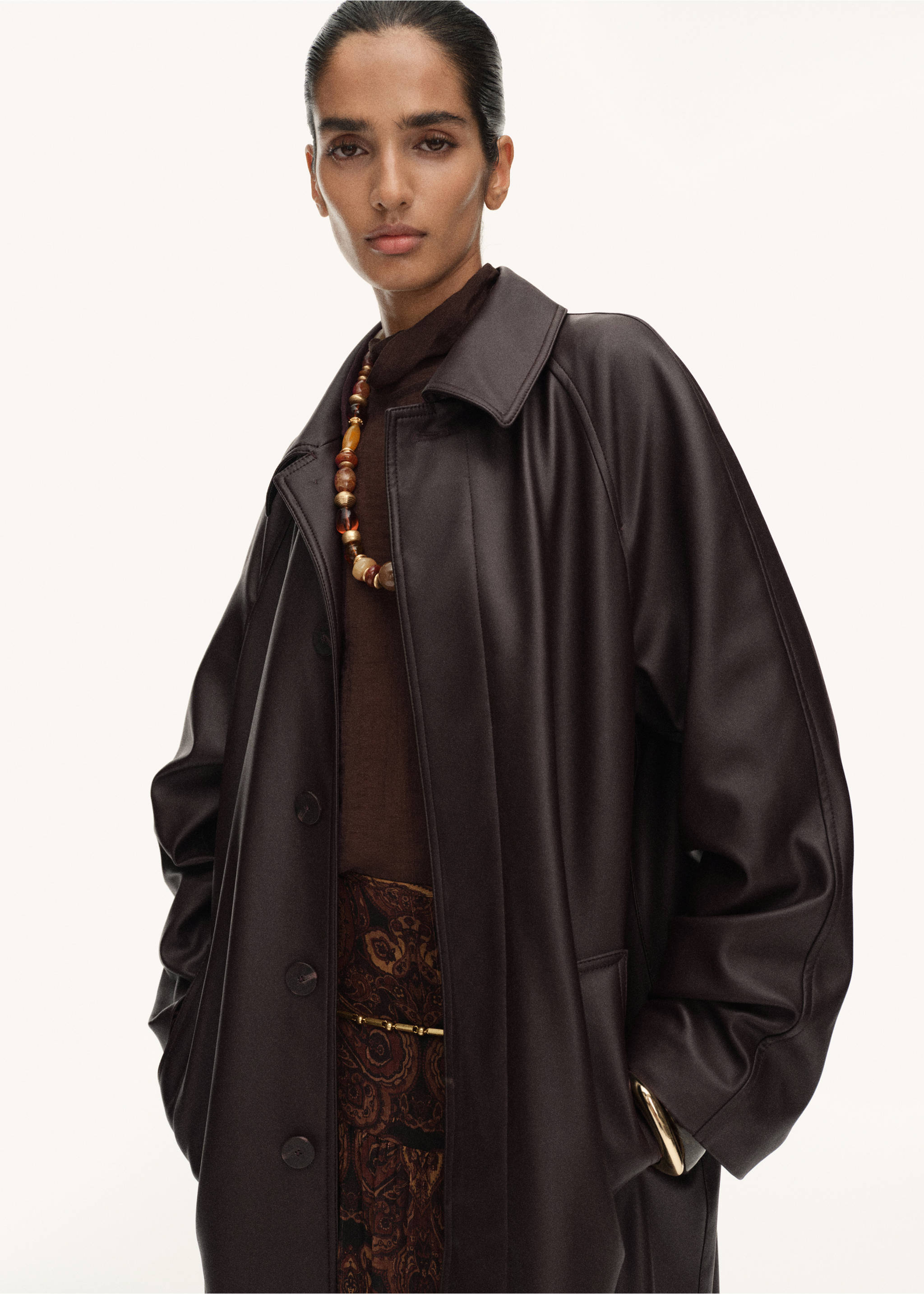 Long faux-leather trench coat - Medium plane, Chocolate. Ref: 17076733-00.