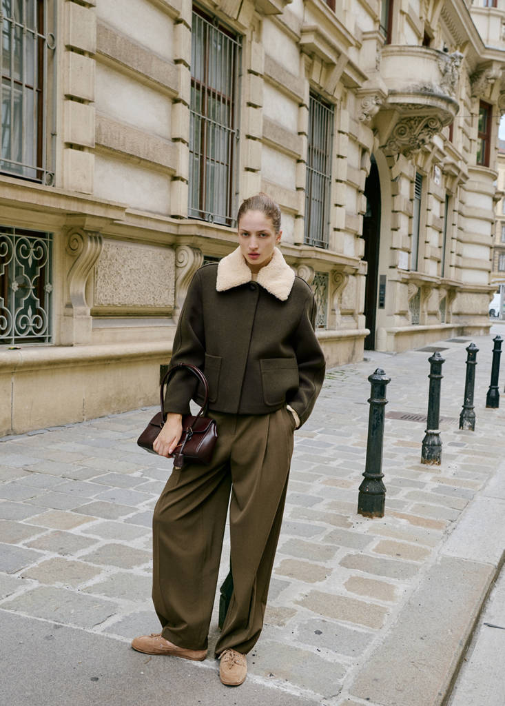 Wool-blend jacket with shearling-blend collar — Khaki