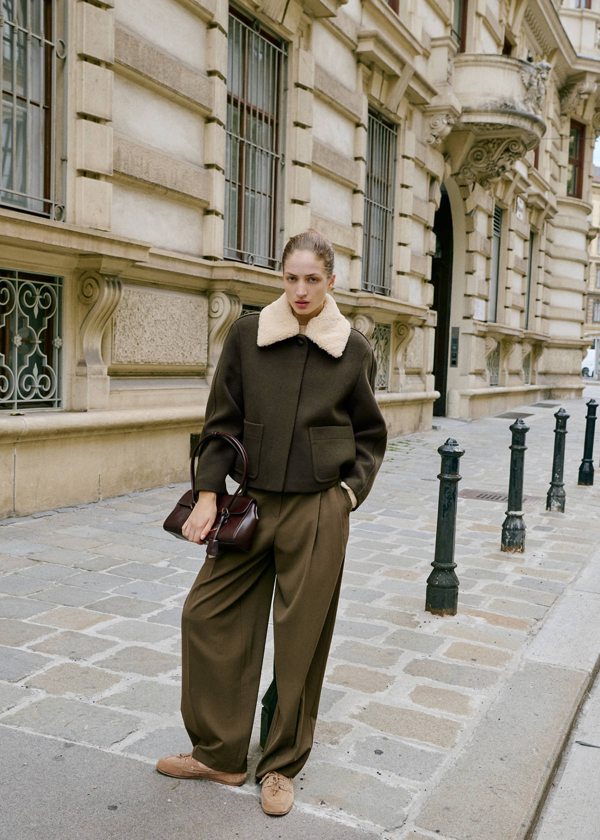 Wool-blend jacket with detachable collar — Khaki