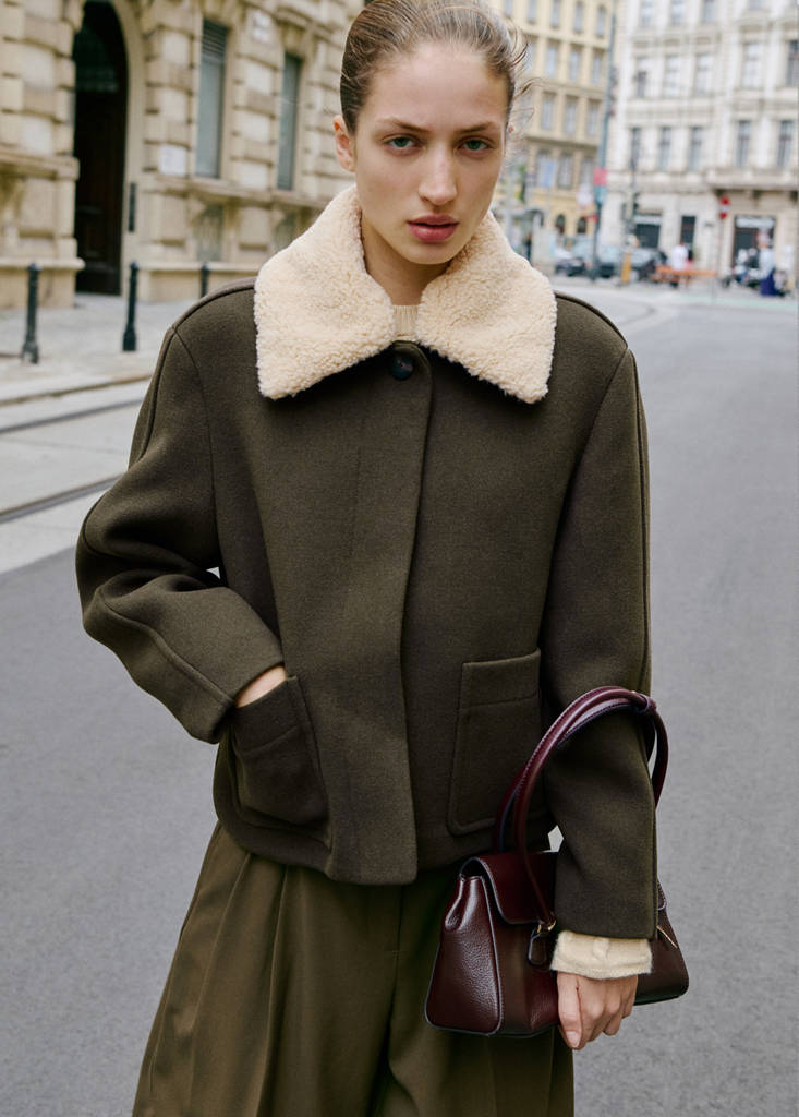 Wool-blend jacket with shearling-blend collar — Khaki