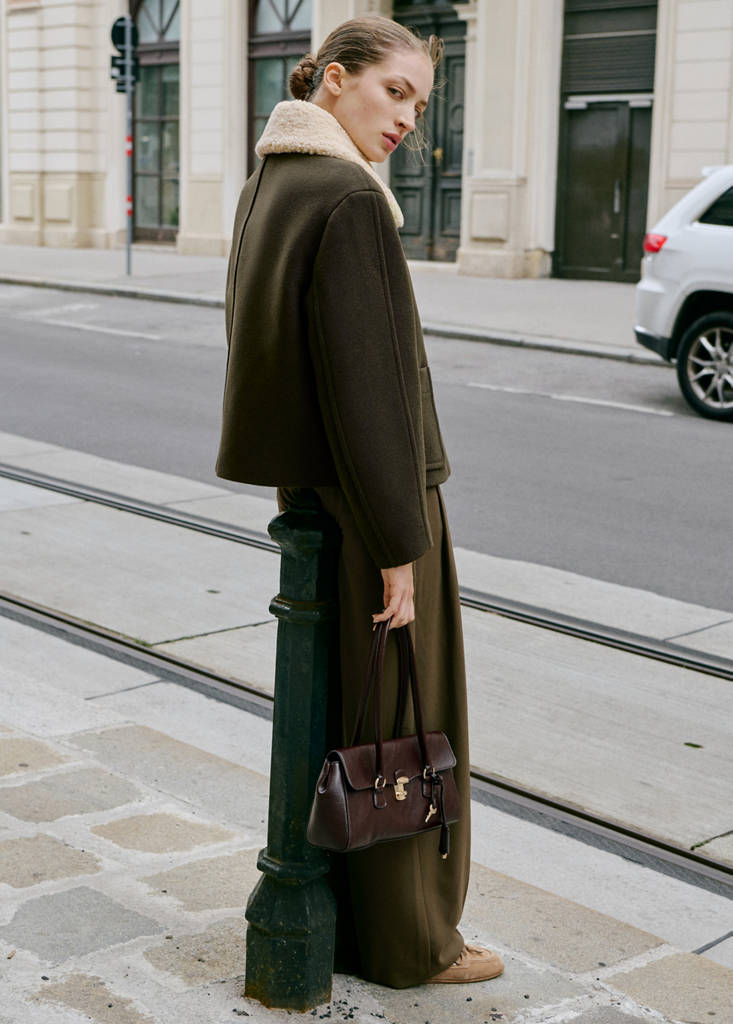 Wool-blend jacket with shearling-blend collar — Khaki