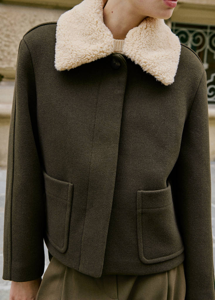 Wool-blend jacket with shearling-blend collar — Khaki